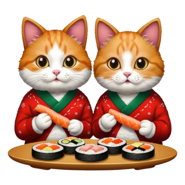 2 cats in christmas sweaters eating sushi sticker