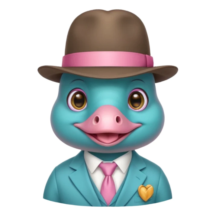 cute light blue turqiouse platypus head, smiling with big eyes with a detective hat and monocle on his eye, no  hands, looks like a platypus but blue, the hat and suit are pink sticker