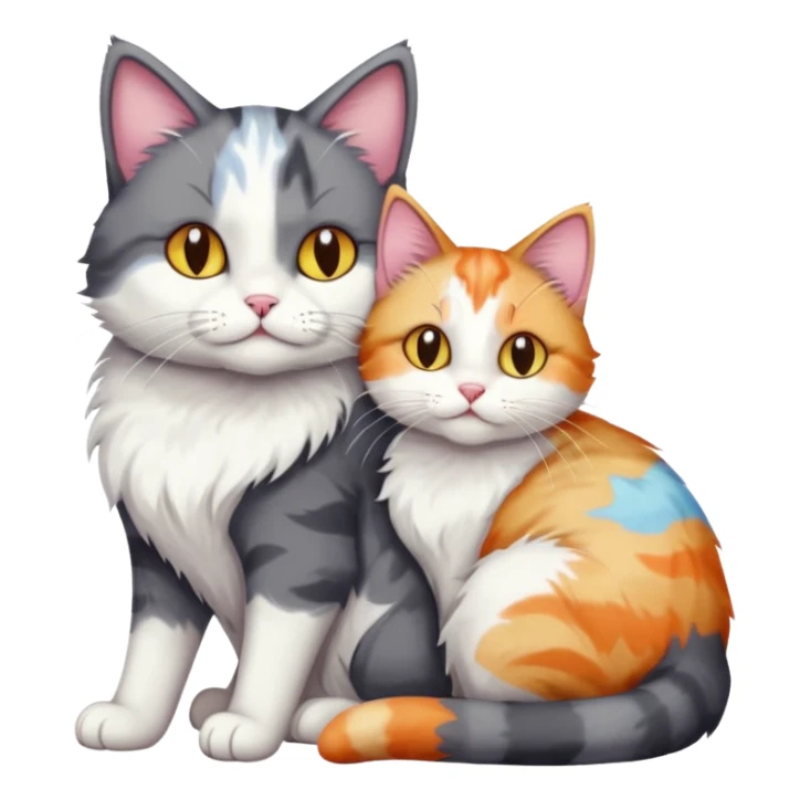 full body dark grey and white cat cuddling a colourful light patched calico + white tabby cat  sticker