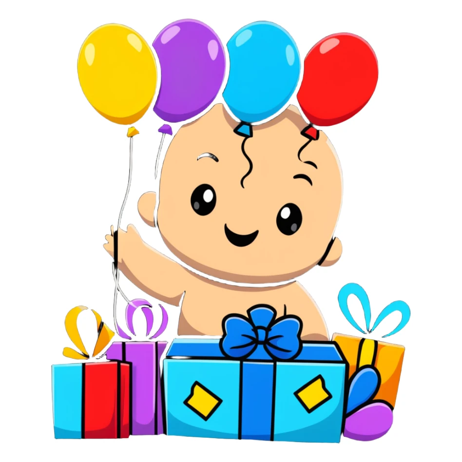 happy baby surrounded by birthday presents and colorful balloons sticker