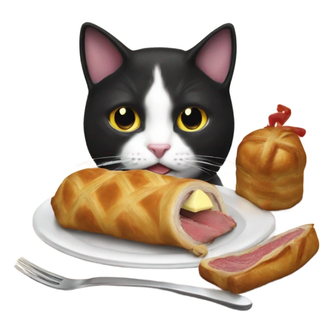 tuxedo cat eating a beef wellington  sticker