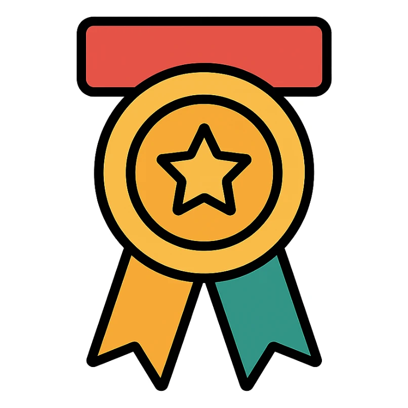 premium award badge icon with gold and colorful elements, elegant and minimalist flat design, 2D flat vector, trending icon look, soft shadows, isolated on white background, no text, perfect for commercial use sticker