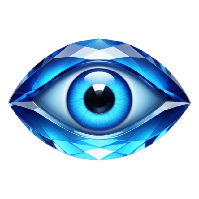 Cinematic Realistic image of a glass Evil Eye blue stone, rendered with translucent, luminous blue hues and finely cut facets that catch soft reflective light, set against a dark, minimalist backdrop to emphasize its mystical allure. sticker