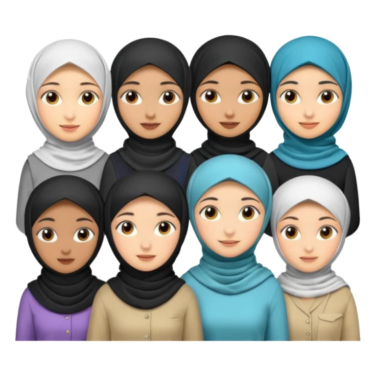 make 12 girls with different race, persona, occupation/hobby, and give some with hijab sticker