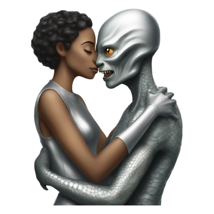https://www.emojis.com/emoji/man-2JXaa2N7QE9  hugs and kissing Alien reptilian woman in silver dress  sticker