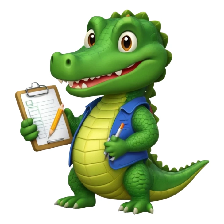 A cartoon gator with a clipboard and a pencil against a white background sticker