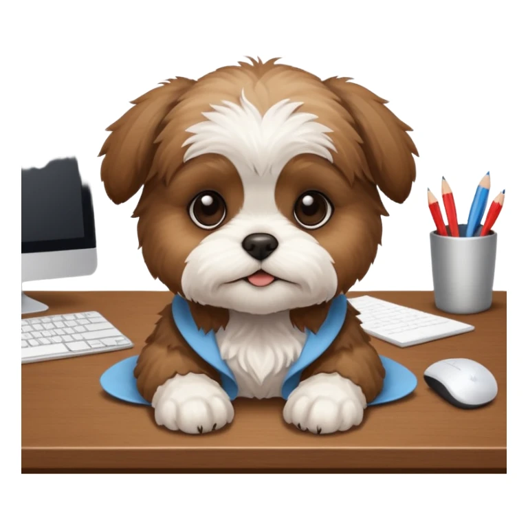 preciso de um cachorrinho da raça shitzu em cima de uma mesa de escritório sticker