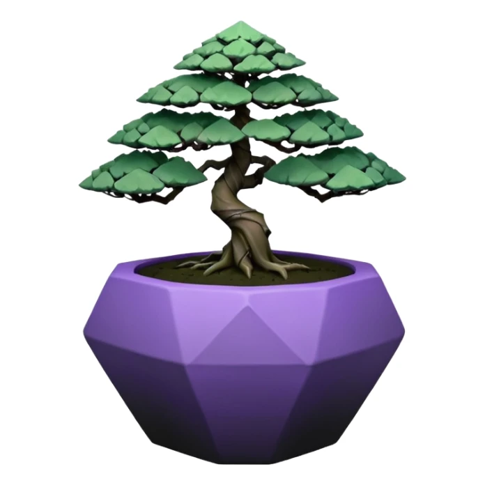  Earthenware small short squat cascading black green-violet bonsai pot plant purple maiden hair-leaf pine tree with triangular angular tiny-polygonal faceted asymmetrical originally shaped pot sticker