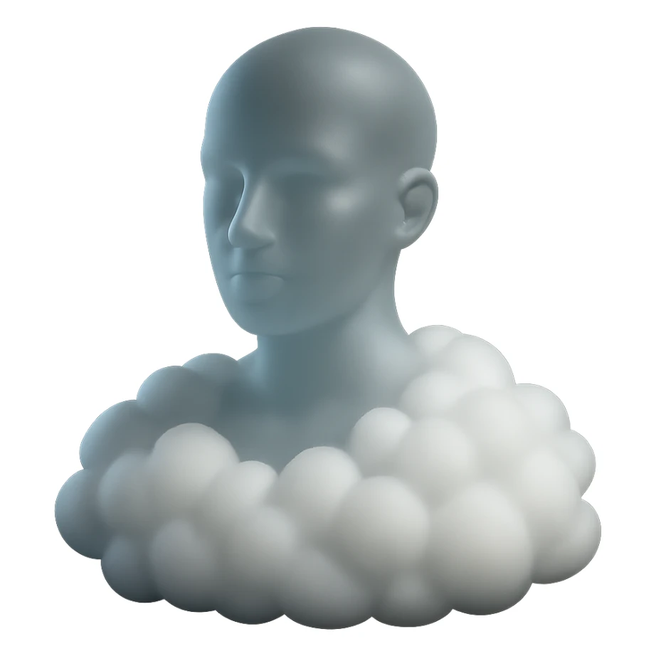 person looking straight ahead, shoulders filled with white fluffy convex clouds, matte glass style sticker