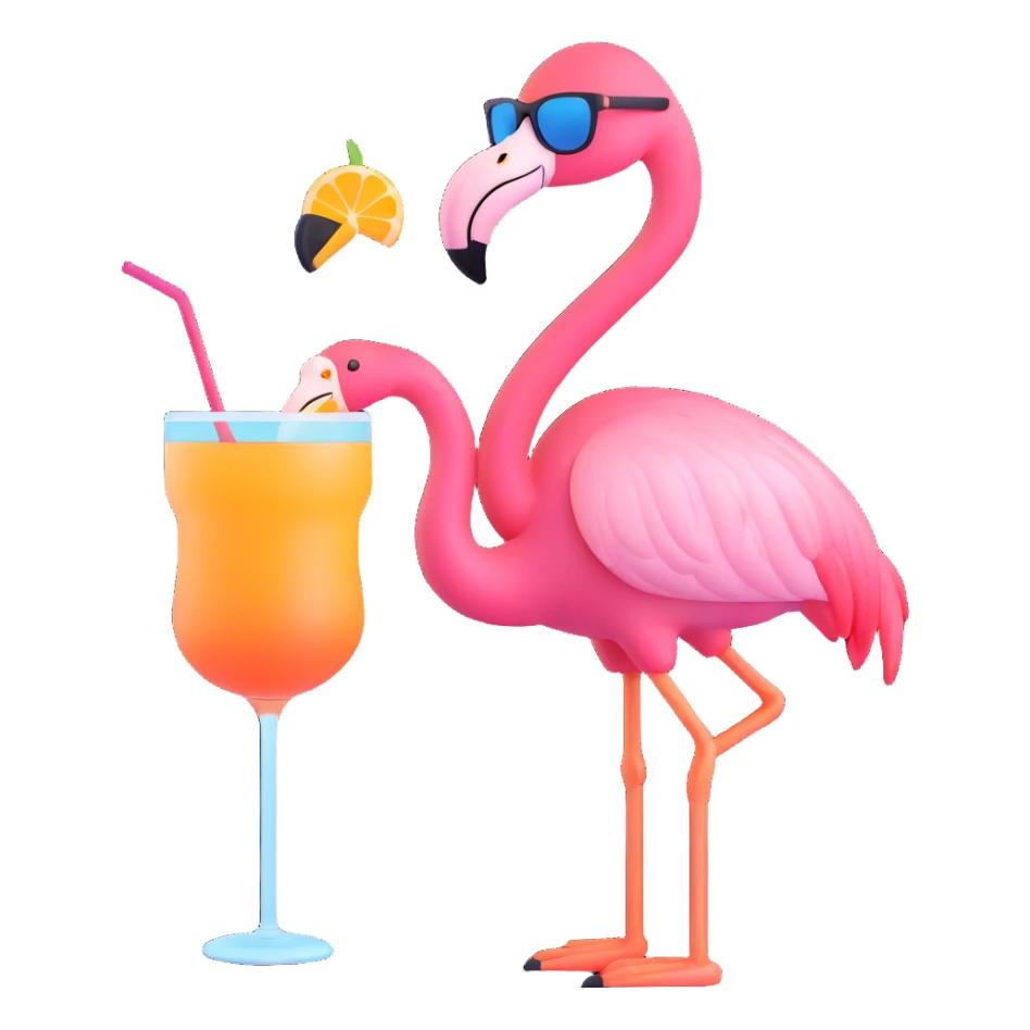 flamingo with sunglasses holding a drink sticker