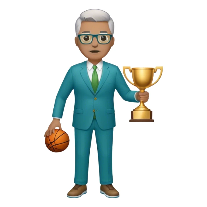 full body plus size white male basketball coach with short light brown mixed with gray hair color wearing glasses wearing blue and green suit holding a trophy sticker