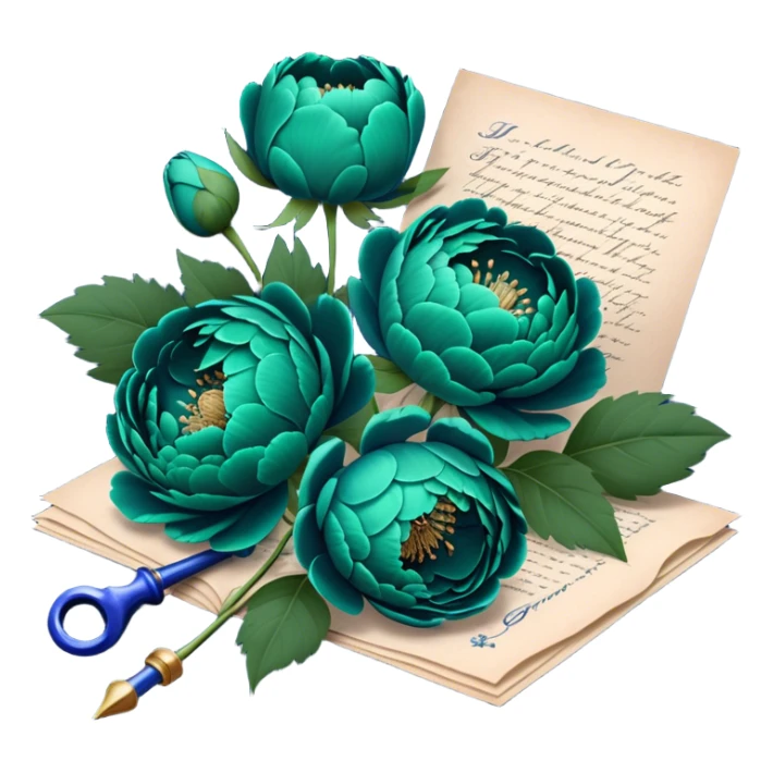 A charming arrangement of deep green peonies placed beside an old blue love letter with an intricate navy blue wax seal. sticker