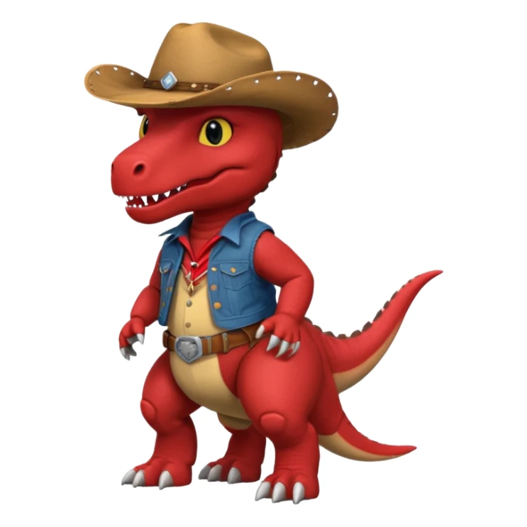 red trex dinosaor with cowboy helmet with cowbot clothes sticker
