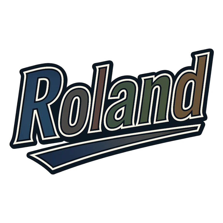 Text image of the name 'Roland' in a masculine, modern, gradient font with precise Hungarian characters, dark contour, extra thick, prominent white border as in sample images, dynamic slanted underline, masculine color shades (blue, gray, burgundy, green, brown), 1000x1000 px, PNG, transparent background. sticker