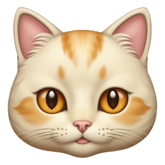 Cream cat face with short hairs, brown eyes and a neck sticker