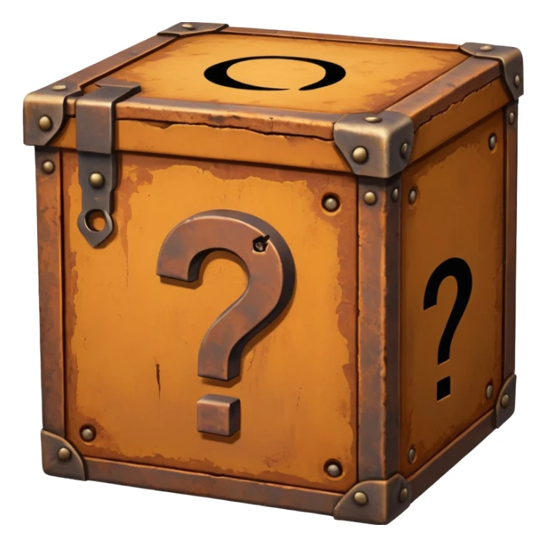 Rusty Mystery box with question mark carved onto its surface sticker