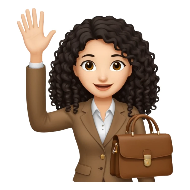medium deep tan brown business woman with long black curly hair, waving hand with happy face and holding a close laptop and carrying a bag on her dhoulder sticker