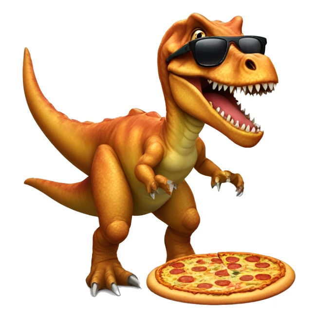 Surfing dinosaur wearing sunglasses eating a pizza sticker