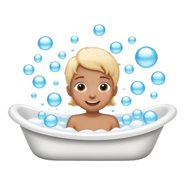 person taking a bath in a bathtub, lots of bubbles, cheerful expression, simple and cute sticker
