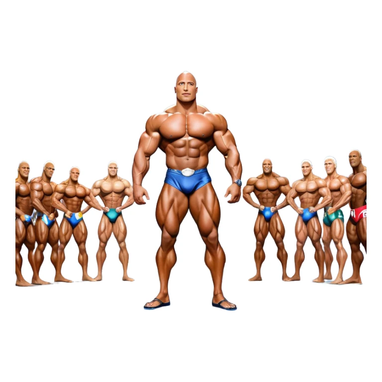 Dwayne Johnson, oiled and posing at the Mr. Universe bodybuilding championship, showcasing his muscular physique in an iconic display of strength. The background features the stage with judges and audience, capturing the intensity and prestige of the competition. Transparent background. sticker