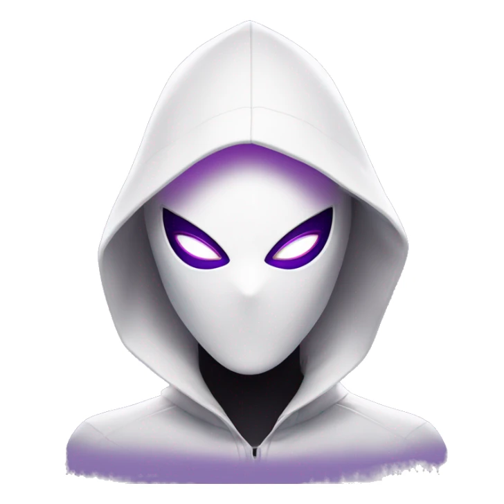 Android Spider-Gwen with a sleek, minimalist design, featuring a white mask and large purple eye shapes in an emoji-like style. She wears a high-tech suit with subtle web patterns on her arms, and a glowing hood resembling her iconic look sticker
