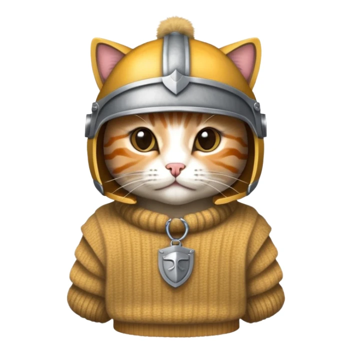 cat wearing a sweater and a trojan helmet sticker
