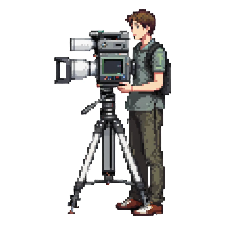 cinéaste de profil ou 3/4 tenant une vraie caméra broadcast professionnelle, œil dans l’œilleton, cadrant devant lui, personnage entier de la tête aux pieds sticker