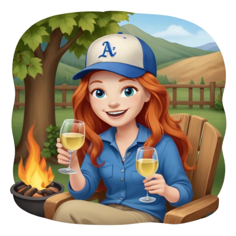 Laughing redhead with long hair and blue eyes wearing baseball cap holding white wine sitting in chair beside fire pit sticker