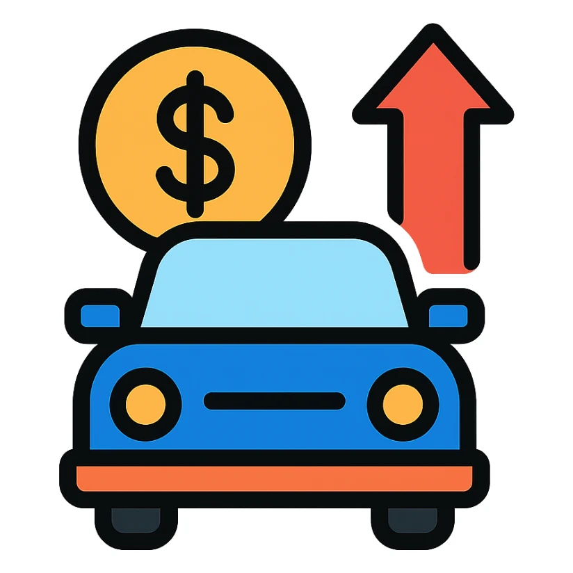 car with a coin and upward arrow, symbolizing profitable vehicle finance sticker