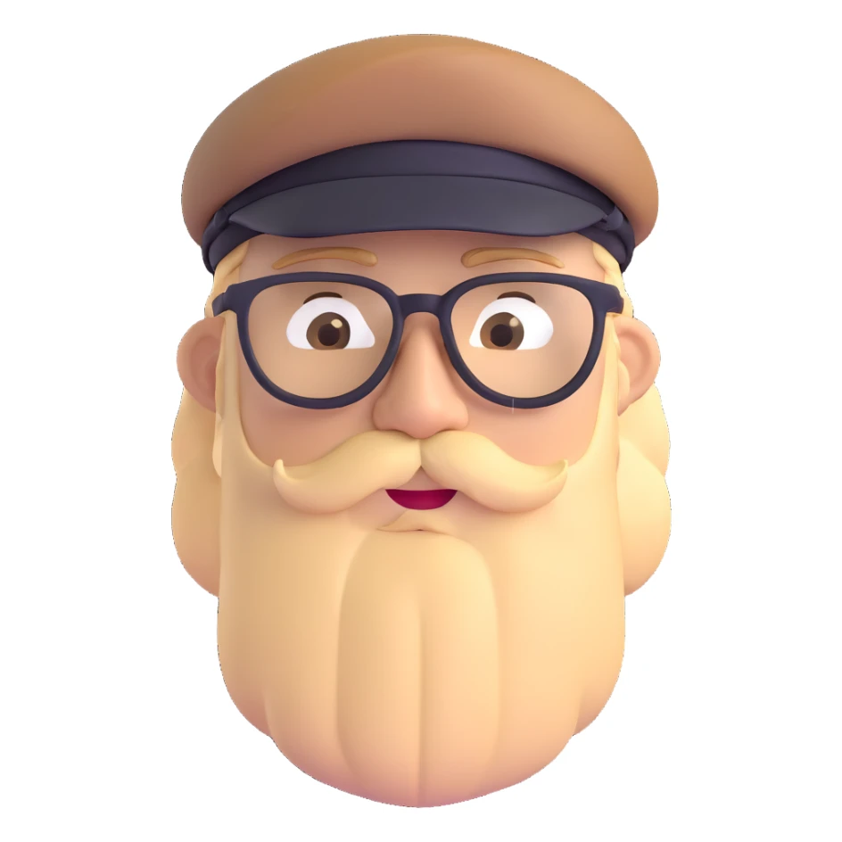 Adventurer with glasses, a beard and tan colored cap sticker