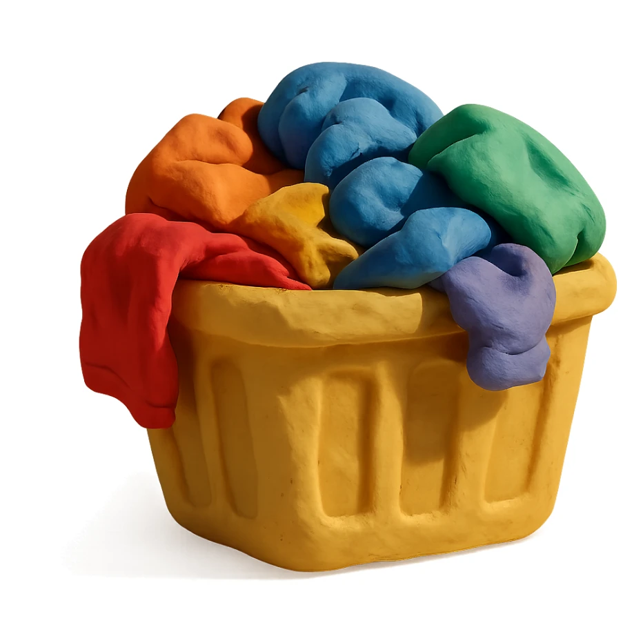 laundry basket filled with colorful clothes, visible fingerprints, soft lighting, claymation style sticker