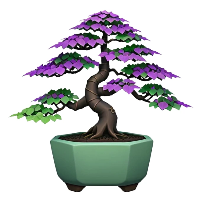  Earthenware small short squat cascading black green-violet bonsai purple maidenhair maple tree with triangular angular tiny-polygonal faceted asymmetrical originally shaped pot sticker