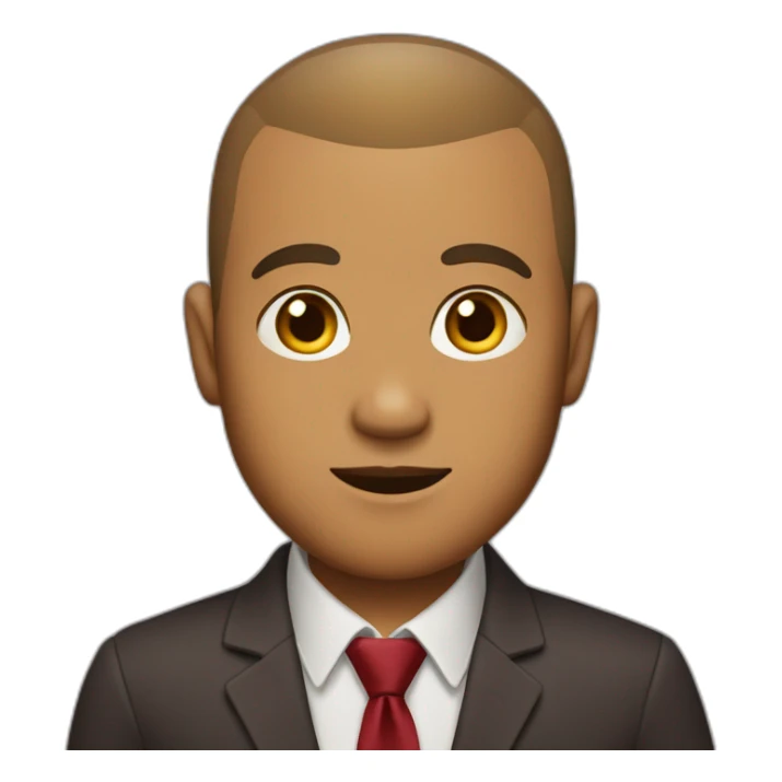 A man with caramel skin with a buzz cut wearing a maroon blazer with a red and yellow tie sticker