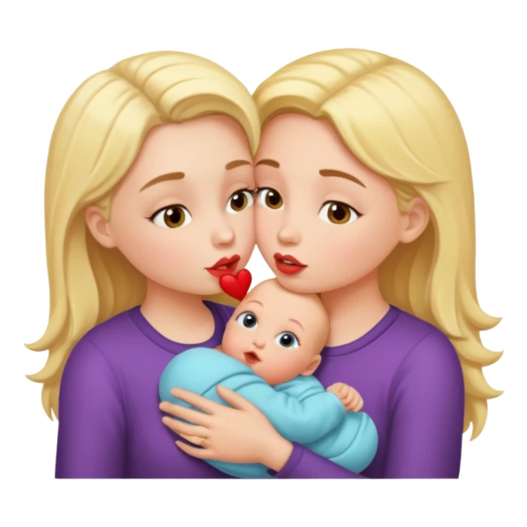Two girls kissing with a baby sticker