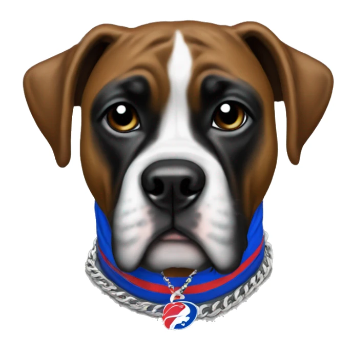 A dog, black boxer, wearing buffalo bills gear necklace  sticker