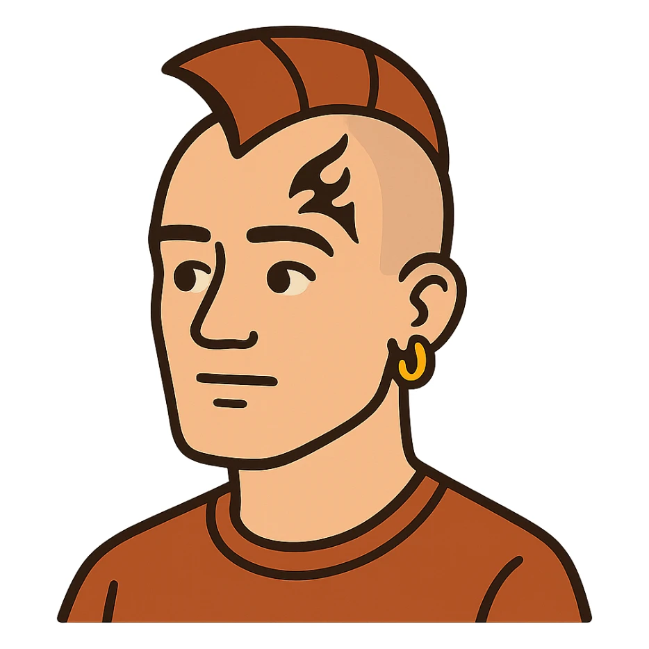 flat toon style head of a white man with mohawk, earring, and head tattoo sticker
