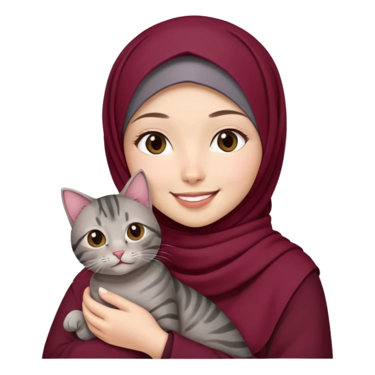 Asian White girl wearing maroon hijab holding a black grey tabby cat while smiling.  sticker