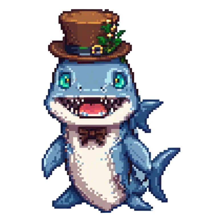 pixel art shark wearing a tophat sticker