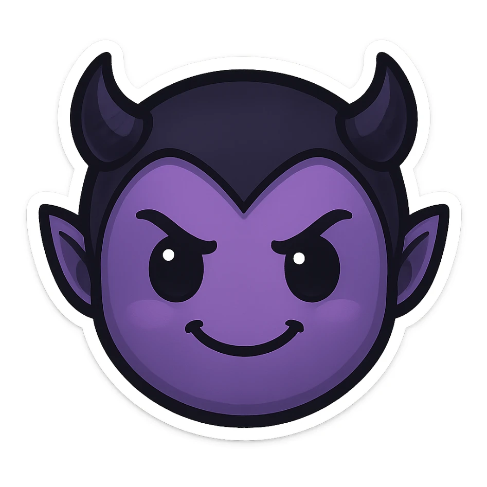 devil emoji in chibi style with gothic palette black and purple, tiny horns, cute but mischievous expression sticker