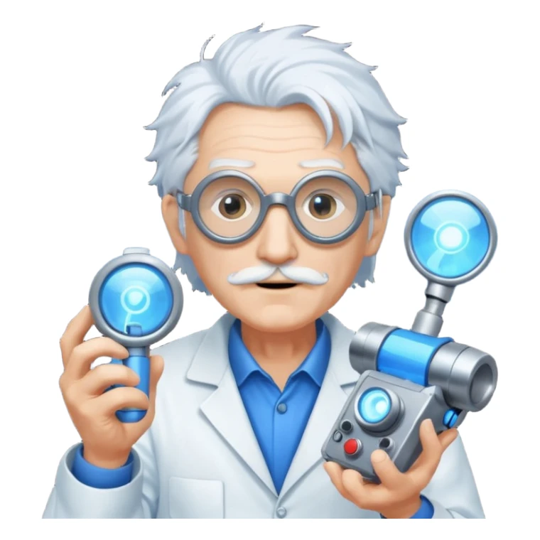 A quirky old inventor with wild white hair, goggles, and a glowing gadget in hand.
 sticker