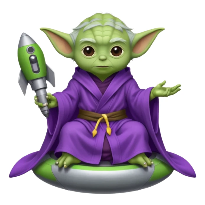 yoda in a purple robe siting in a rocket sticker