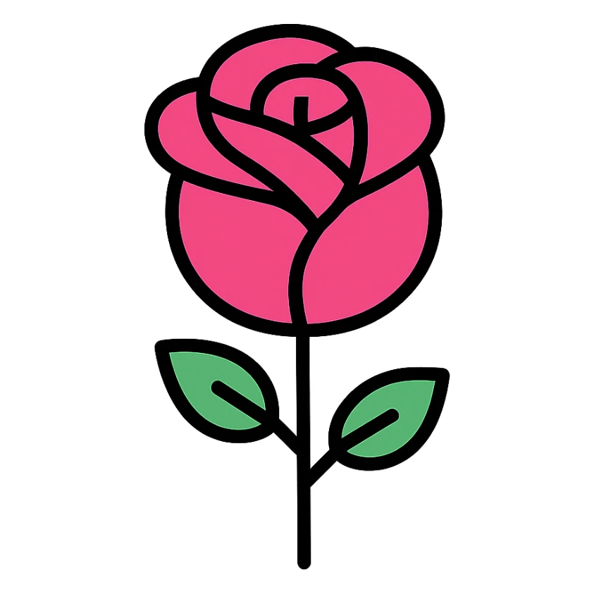 pink rose, color outline icon style, black outlines with pink fill sticker