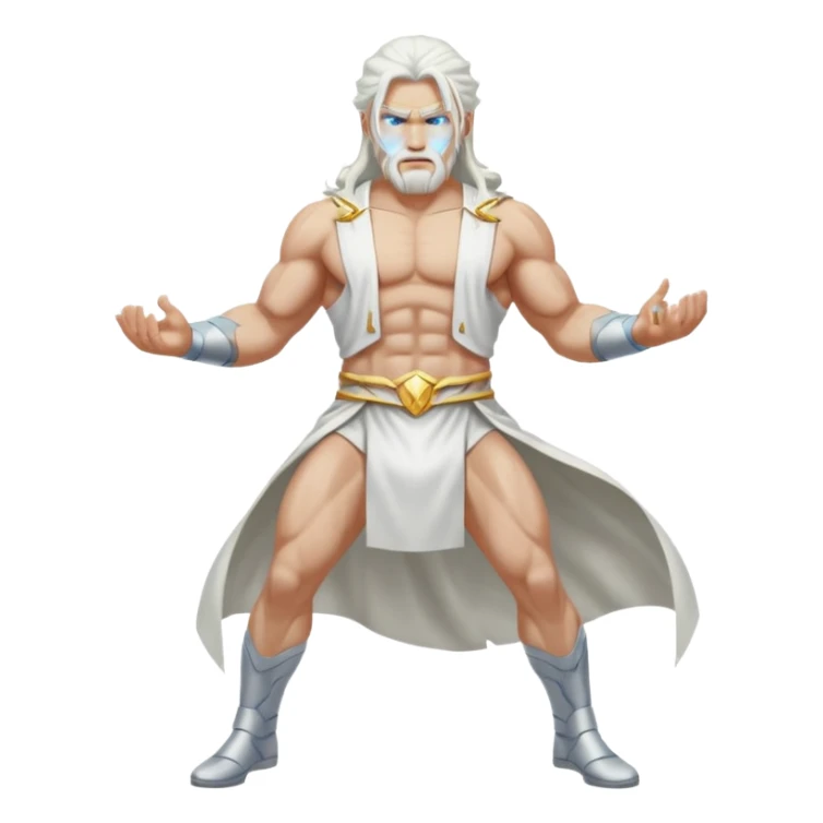 Zeus, whole body, white clothes, long white  hair, lightnings, determined face sticker