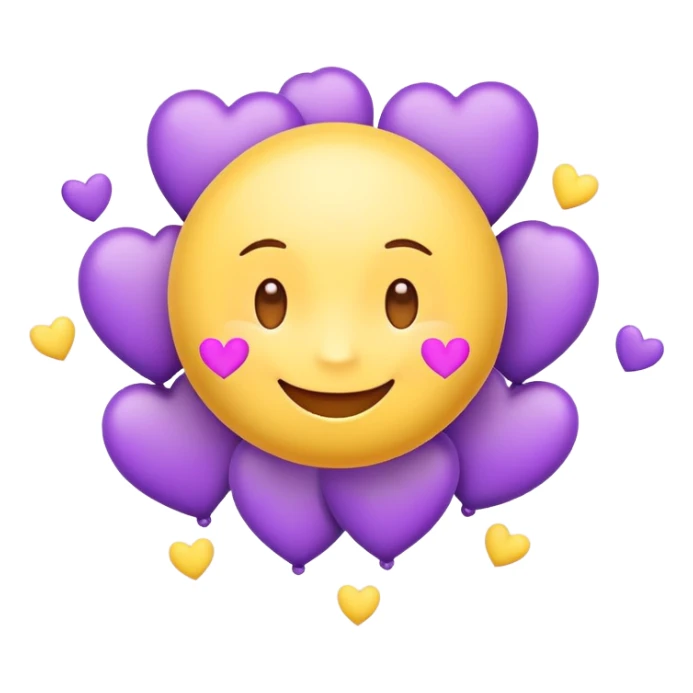 Cute smiling emoji surrounded by floating purple hearts on a soft pastel background." sticker