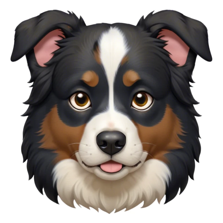 Cinematic Grumpy Black Tri Australian Shepherd Portrait Emoji, Head tilted slightly with a deeply unimpressed expression, thick black fur with bold white and tan markings, large, droopy dark eyes narrowed into an unamused glare, ears drooping in exasperation, Simplified yet comically expressive features, highly detailed, glowing with a dry, sarcastic glow, high shine, effortlessly judgmental yet dignified, stylized with a touch of cynicism, bright but brooding, soft glowing outline, capturing the essence of an eternally unimpressed yet endearing pup, so lifelike it feels like it could sigh heavily at you in disdain at any moment! sticker