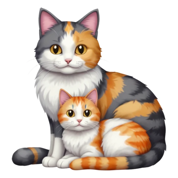 full body large dark grey and white cat cuddling a colourful light patched calico + white tabby cat  sticker