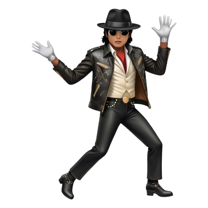 Icon of Michael Jackson as R&B legend: wearing a black fedora, sparkling glove, and leather jacket, striking a moonwalk pose. Background with musical notes and abstract patterns, capturing the energy and soul of R&B. Transparent background. sticker
