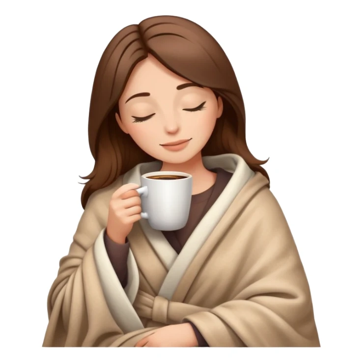 Relaxed woman with brown hair in blanket holding coffee cup with closed eyes sticker