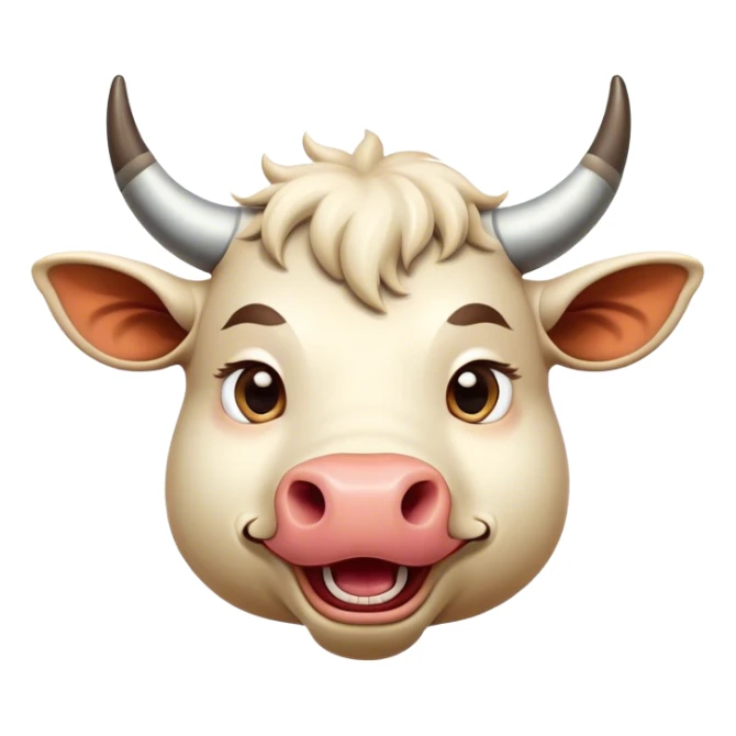 Cinematic Comical Domestic Ox Portrait Emoji, Head tilted dramatically with an exaggeratedly amused expression, featuring a striking, glossy hide with boldly curved horns and wide, expressive eyes brimming with playful disbelief, Simplified yet hilariously expressive features, highly detailed, glowing with a slightly sassy earthy glow, high shine, dramatic yet playful, stylized with an air of cheeky rural mischief, soft glowing outline, capturing the essence of a spirited and over-the-top ox that looks ready to charge its way into internet fame instantly! sticker