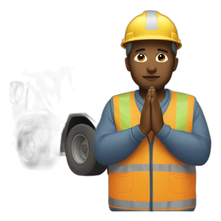 construction worker with hands in prayer standing directly in front of a DUMP TRUCK sticker